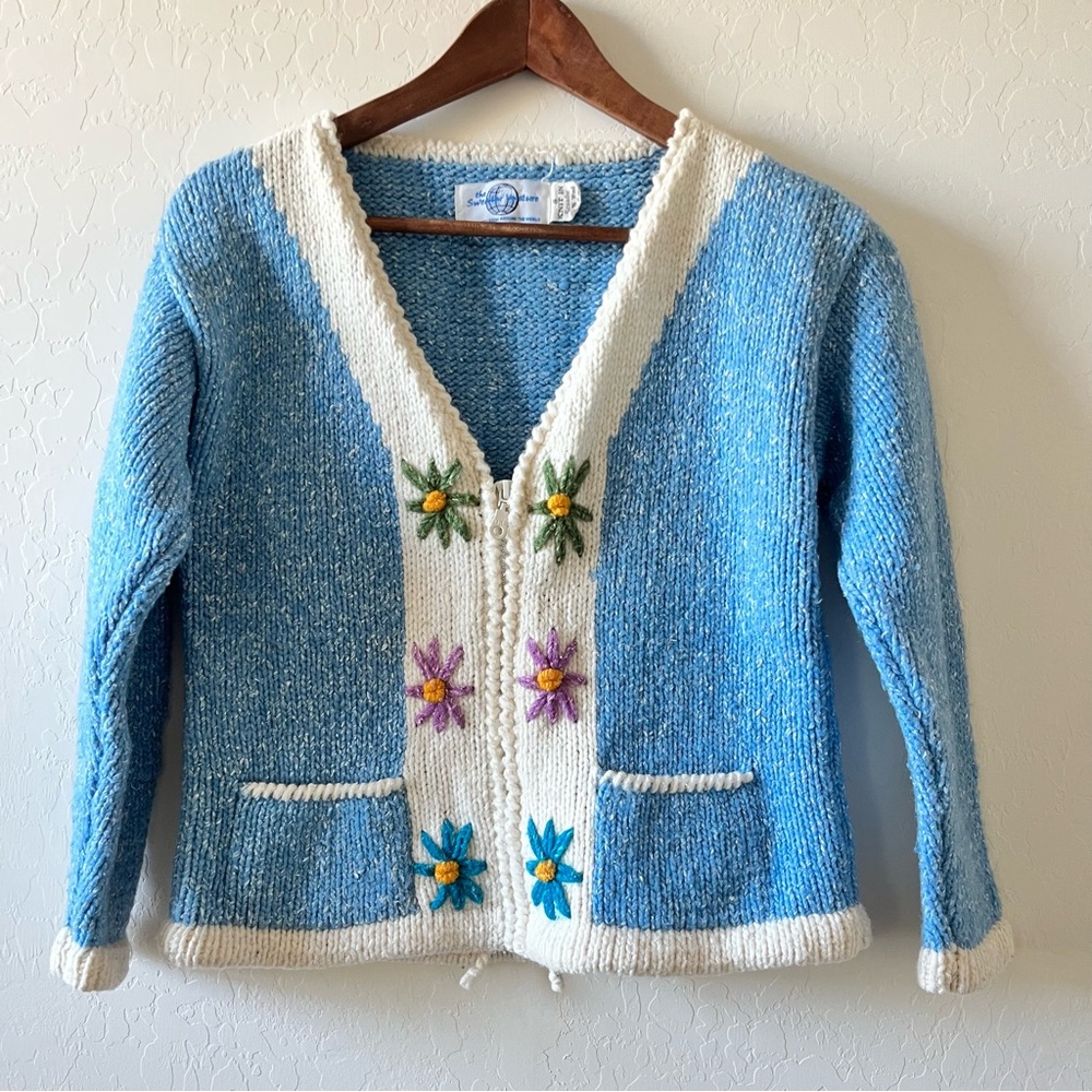 The Sweater Venture Wool Blend Hand Knit Floral Zip Cardigan Blue Women’s Size S